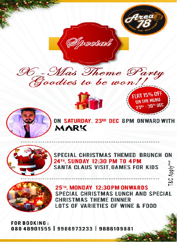 area78pub's tweet photo. A Specially Curated Theme Christmas Party
Music by Dj Mark Leene
Special Xmas Theme Food&amp;cocktails
Bollywood Music to Make u Dance!Amazing Offers at -Bar &amp; https://t.co/cHMsjCnP5a
#JPNagar #karaoke #offers #RestoLounge 
Call Now to reserve a table 080 48901555 / 9986973233!! https://t.co/HevnwOxoA6