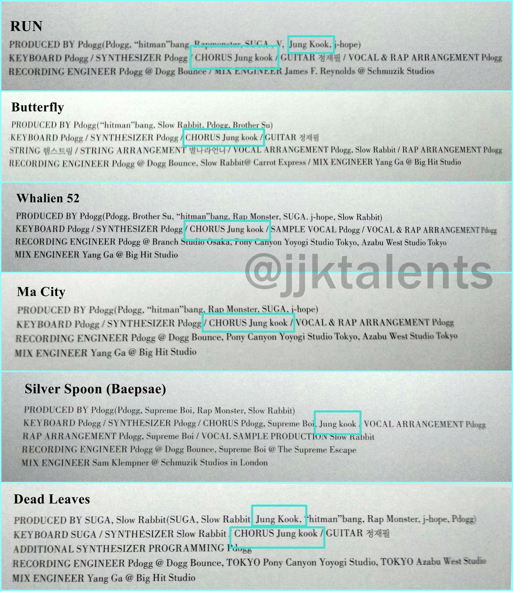 Jungkook's credits화양연화 pt.2 (BTS 4th EP album)Co-write: RUNAutumn LeavesChorus:RUNButterflyWhalien 52Ma CityBaepsaeAutumn Leaves #Jungkook  #정국