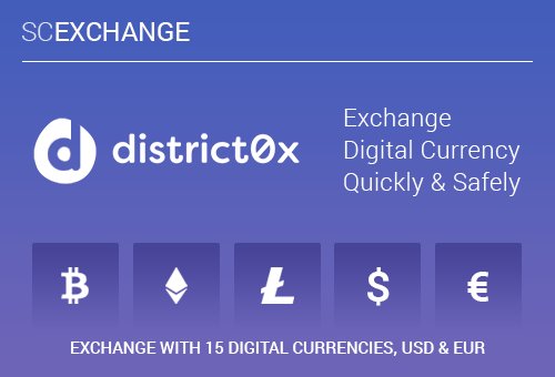 SCXchange's tweet photo. We're pleased to be supporting district0x as one of the 15 digital currencies to be supported at launch of our instant exchange! We will allow for buys/sells from other cryptocurrencies, USD or EUR (Credit / Debit cards or SEPA transfer) $DNT $BTC $ETH $LTC https://t.co/JBFCD3JriM