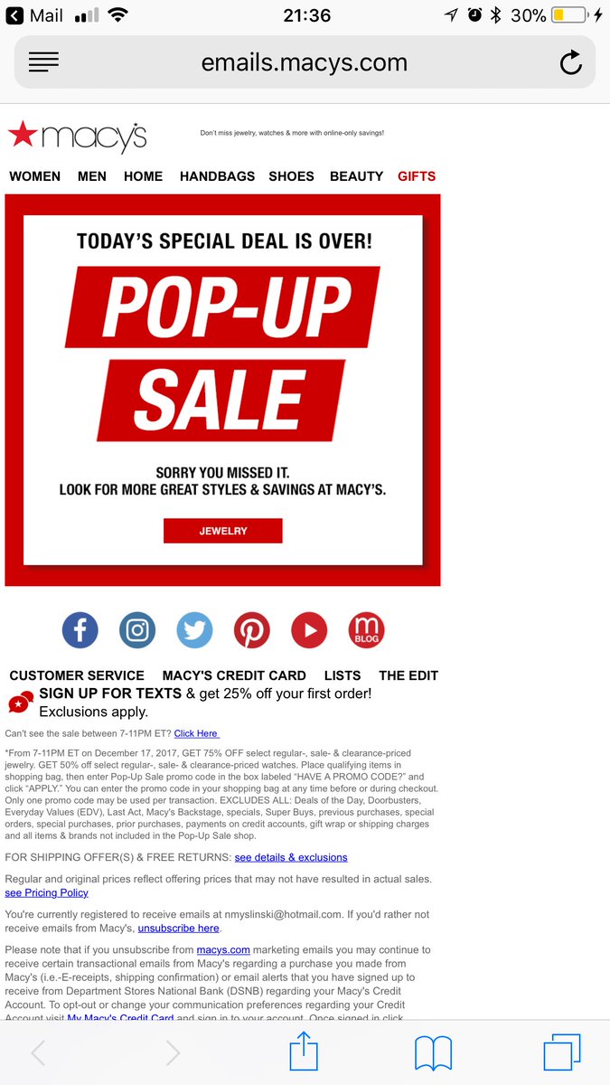 NatMyslinski's tweet image. Shopping a pop up sale and guess Macy’s decided to end it early. How about if you post hours stick to them? Emptied a $100 shopping cart #macysfail @macys