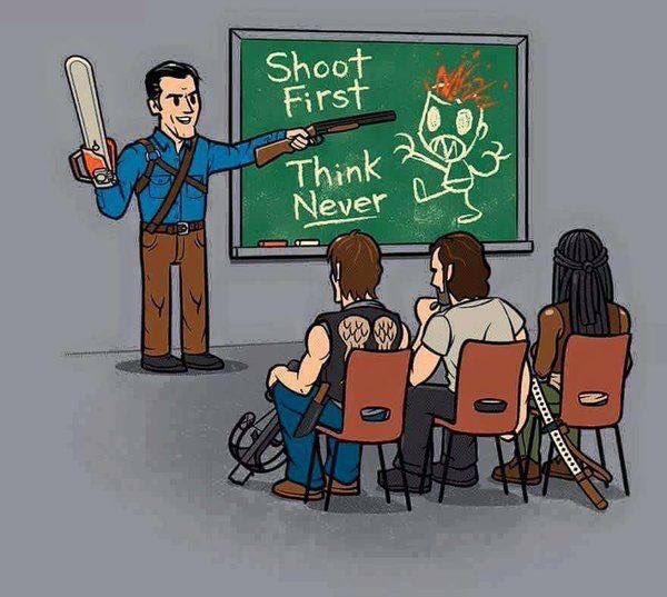 Thezombiechurch's tweet image. Cast of @WalkingDead_AMC back in school for the 8 week break. Professor #AshWilliams in the house! #evildead #ShootFirst #ThinkNever