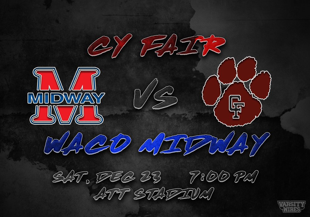 VarsityWires's tweet image. 2017 UIL Class 6A Div. II State Championship

Midway Panthers vs. Cy-Fair Bobcats
Sat, Dec 23 | 7:00 PM | AT&amp;amp;T Stadium

#txhsfb