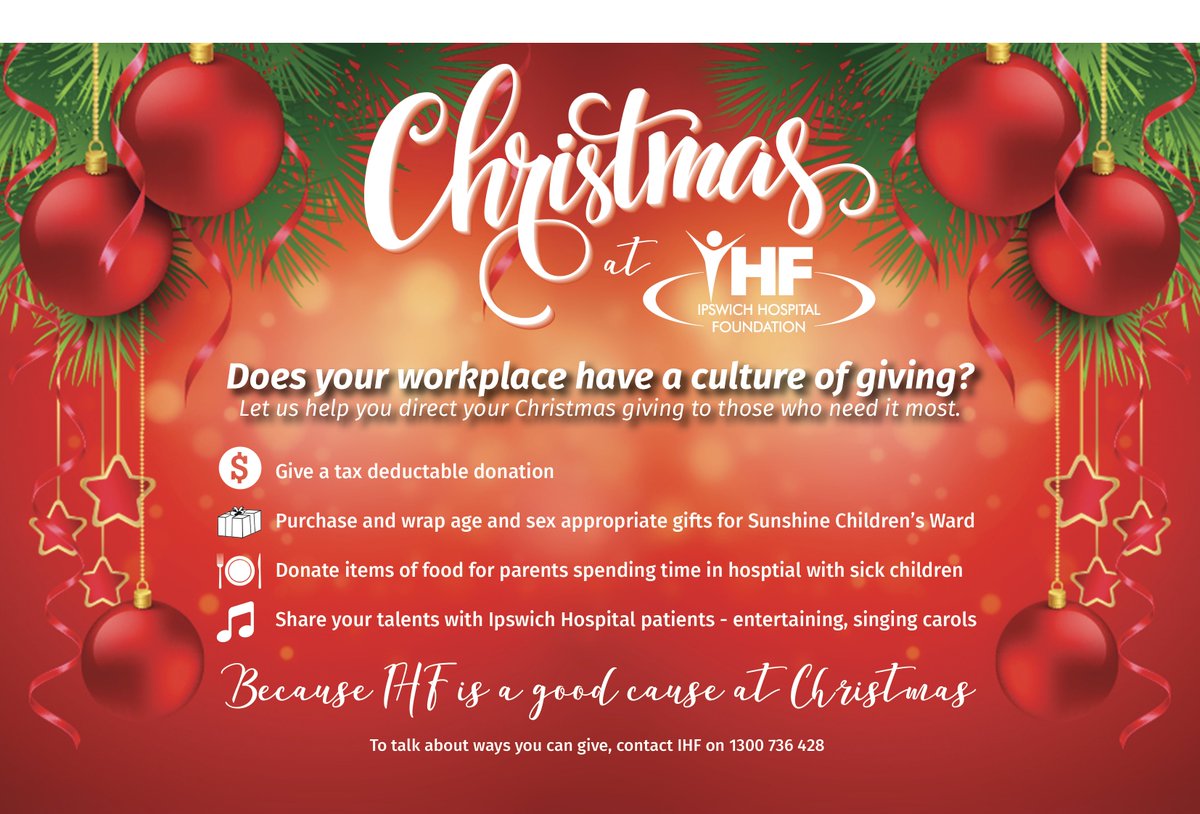 Show the patients of the Ipswich Hospital and surrounding health services that you care by giving to them at Christmas. We will direct your donation to those who need it most 🎅
Donate: goo.gl/mdWMn9
Contact: Chelsea at the IHF (07) 3466 5002 chelsea@ihfoundation.org.au