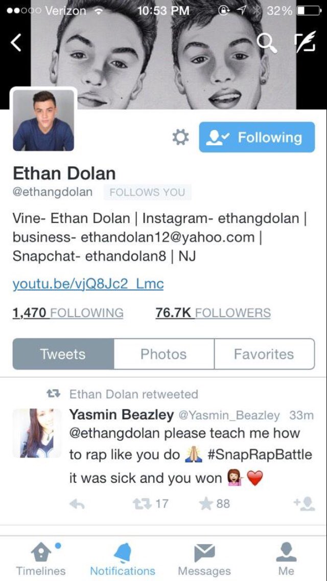 amberraitano's tweet photo. wowowowowow when @EthanDolan followed me after i️ told him @GraysonDolan won the #SnapRapBattle LMAO been here since the beginning and here till the end💛 (p.s. grayson you can still hmu with that follow btw😉) https://t.co/aCd7tLmC6W