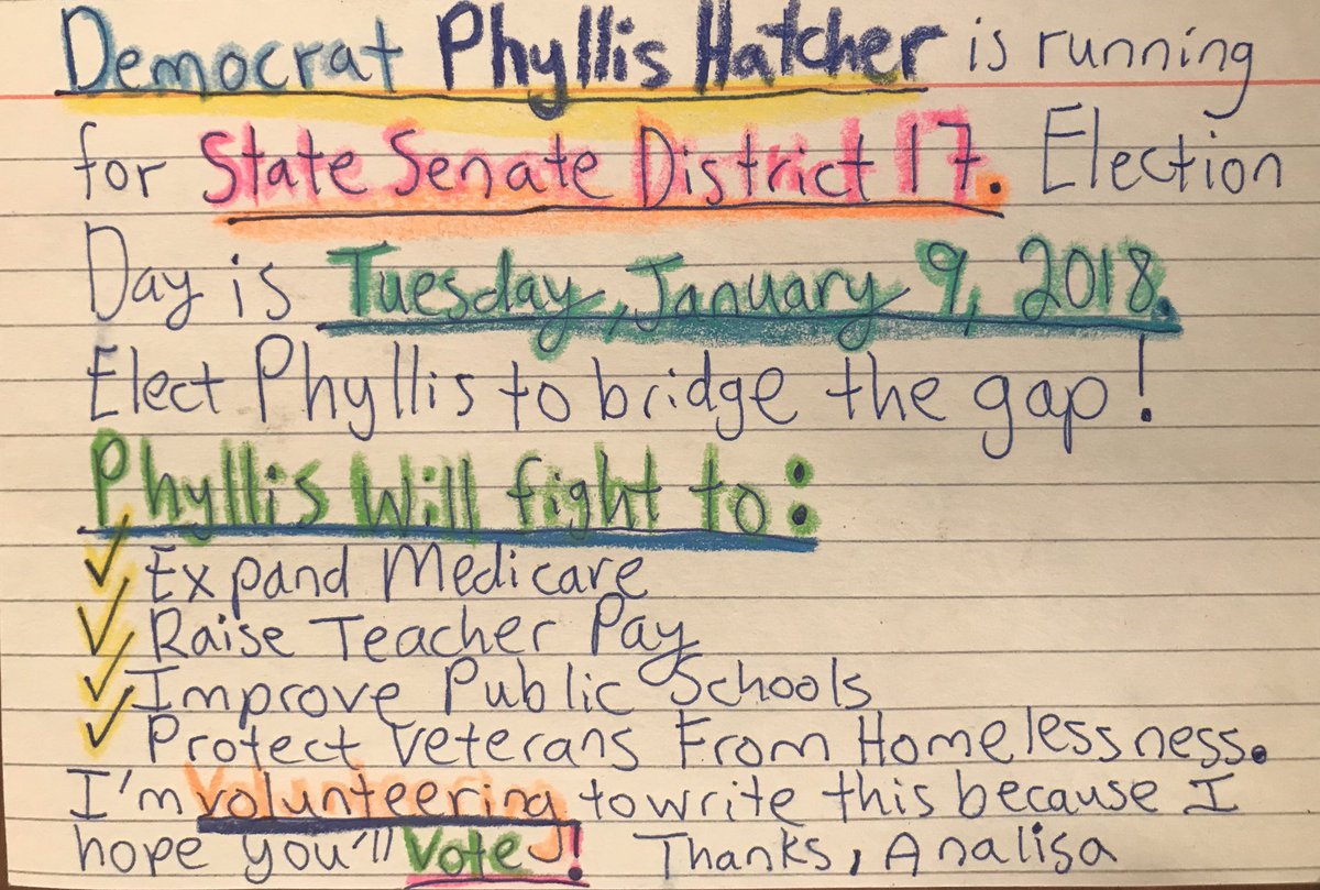 Analisa_Swan's tweet photo. Elect #PhyllisHatcher for Georgia State Senate District 17! #GOTV on January 9, 2018 & letโs turn #Georgia blue! #PostcardsToVoters #DemForce #Dems #BlueWave #VoteBlue #Resist #TheResistance #FBR https://t.co/A0yYFM4hWS