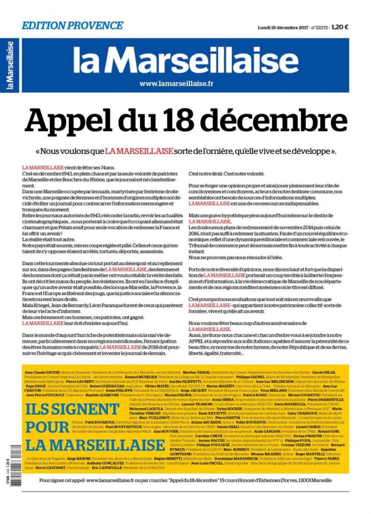 LeoPurguette's tweet photo. La Une de @lamarsweb du jour#Appel #Soutien #Pluralisme #MaMarseillaiseVivra https://t.co/BWYXnJuiMt