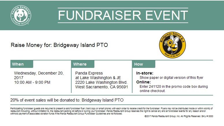 🥠Join us on Wed, Dec 20 anytime between 10am and 9pm for our Panda Express restaurant fundraiser. Spread the word! Show the flyer and mention BWI. #bwiptobees <a href="/BWIWUSD/">Bridgeway Island</a> #Great2bWUSD #WUSDK12