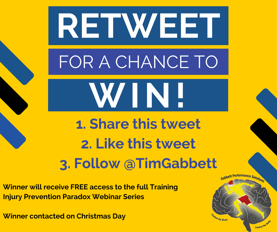 TimGabbett's tweet photo. Retweet for your chance to win FREE access to the Training Injury Prevention Paradox webinar series! Two lucky winners announced Christmas Day. Follow the instructions below to enter. https://t.co/GIWmVTTShr https://t.co/lnEfCKzmWC