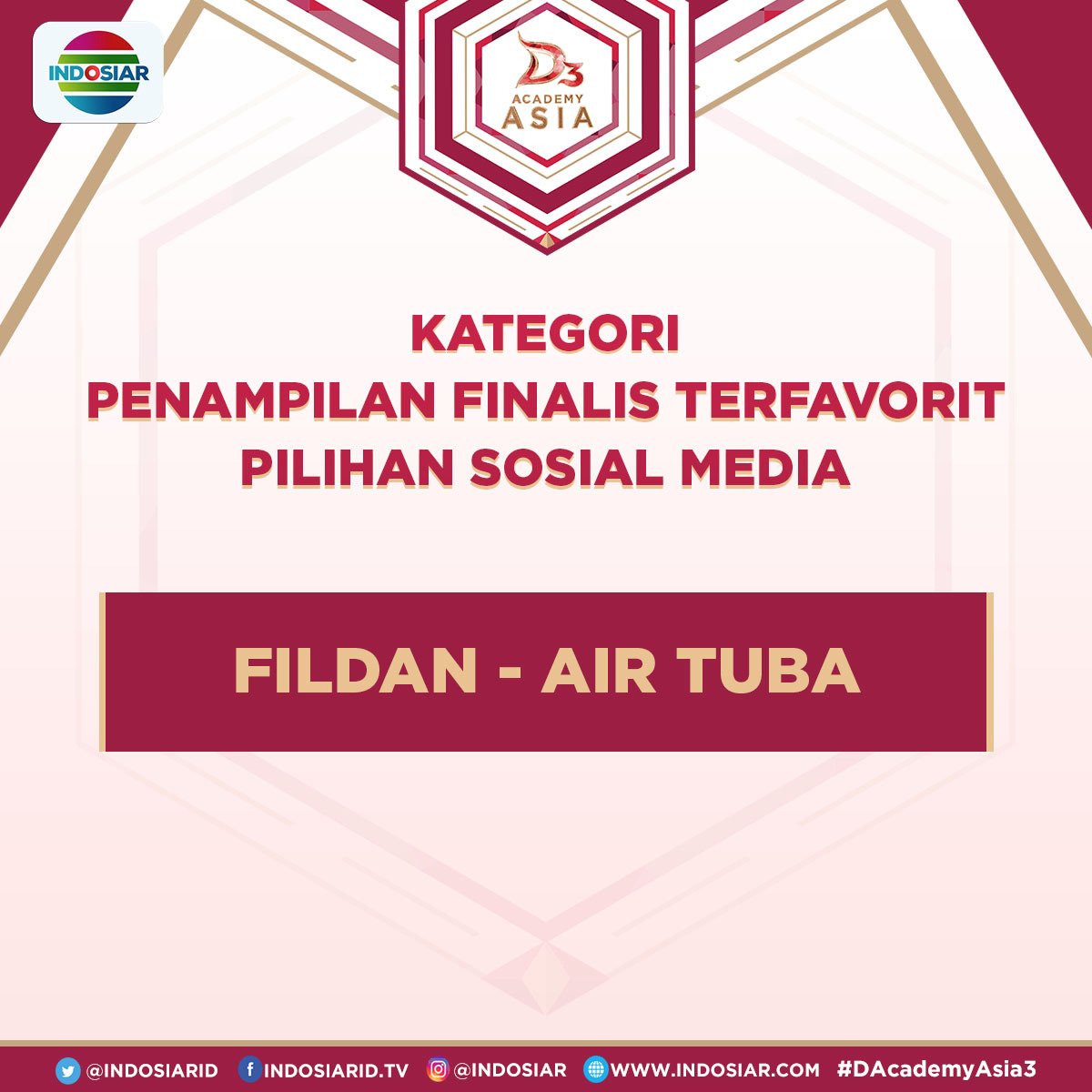 Ayo dukung Fildan - Air Tuba sebagai Penampilan Finalis Terfavorit Pilihan Sosial Media, dengan cara tweet #DAA3(spasi)Penampilan3 sekarang!
