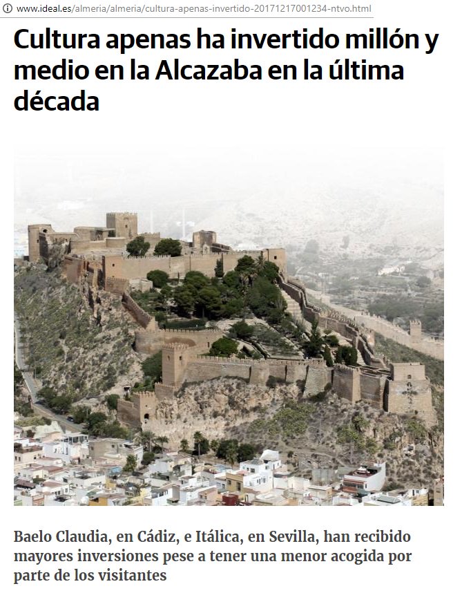 La Consejería de Cultura de la #JuntadeAndalucia apenas ha invertido millón y medio en la Alcazaba de #Almeria en la última década, en cambio monumentos en #Andalucia con menor acogida de los visitantes han recibido mayores inversiones #AlmeiaRegionYa