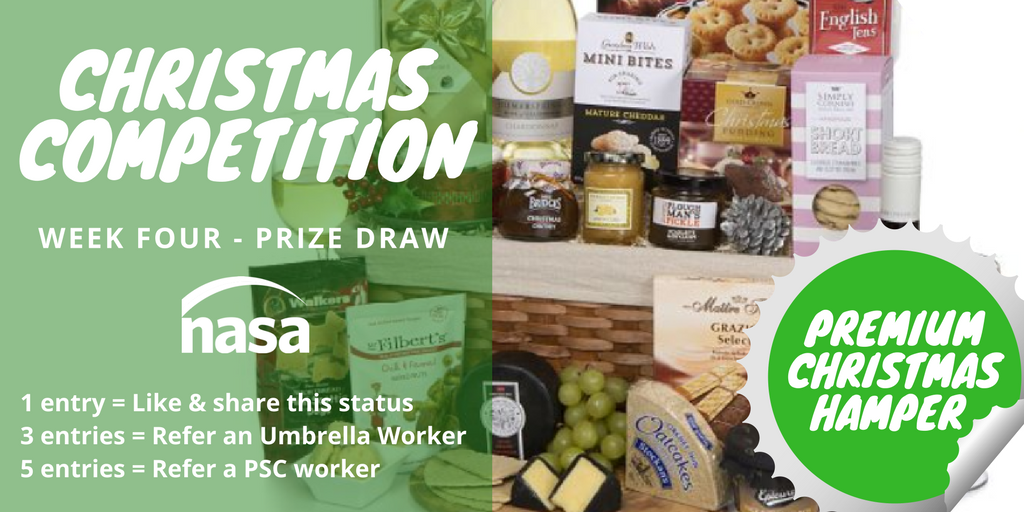 NasaConsulting's tweet photo. We’re into the 4th and final week of NASA's #ChristmasCompetition. Up for grabs this week is lovely Christmas Hamper from the folks over at https://t.co/DDBzRhL6Oi!
As always, like &amp; share to be in the running or even better, refer a contractor to NASA! https://t.co/mK1a6VZwIp