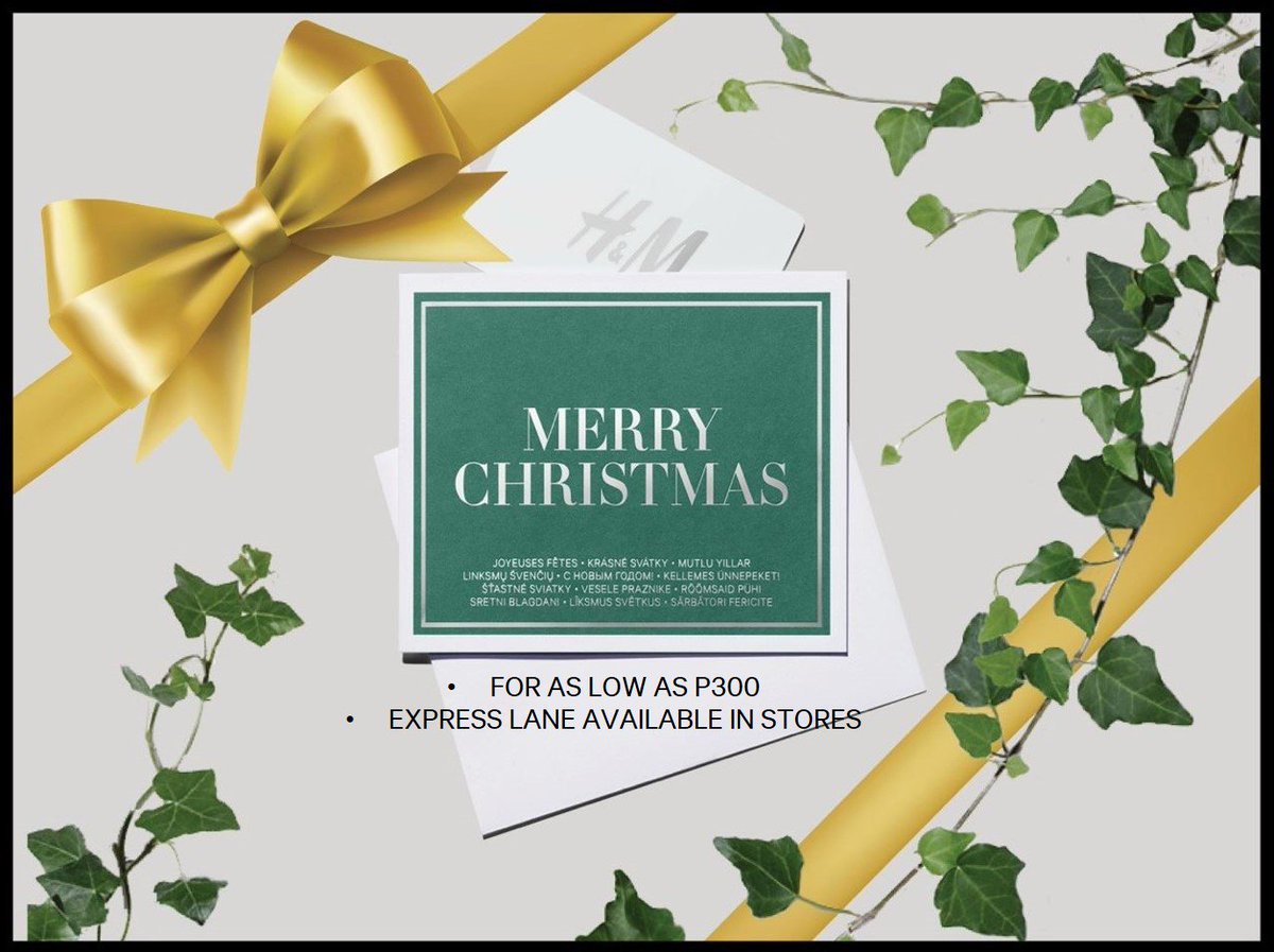 hmphilippines's tweet photo. No time to shop for Christmas gifts? Give the most fashionable gift this season - get H&M gift cards for as low as PHP 300. PLUS gift card express lane available in stores. #HMHappyGiving https://t.co/3Q4w0fwZT5