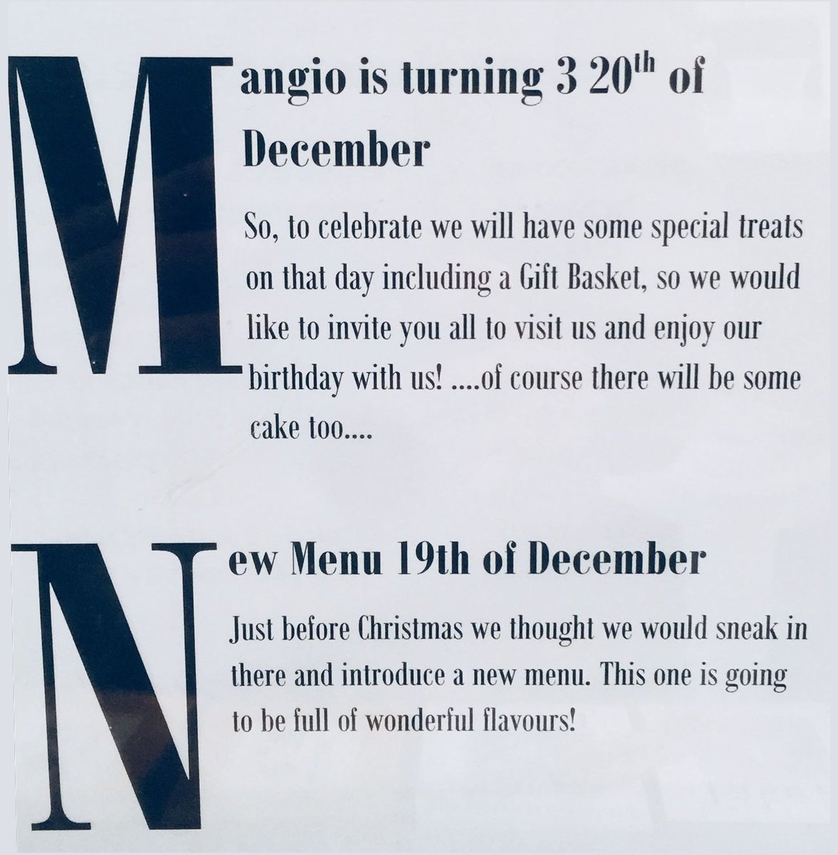 MangioUK's tweet photo. The week before #Christmas is our #birthday Week 🎂 We are turning 3 and we thought we would also treat you all to a New #Menu 😋
Come and Join us for some wonderful new flavours and some Cake too...🎉 https://t.co/ACRKQCcW53