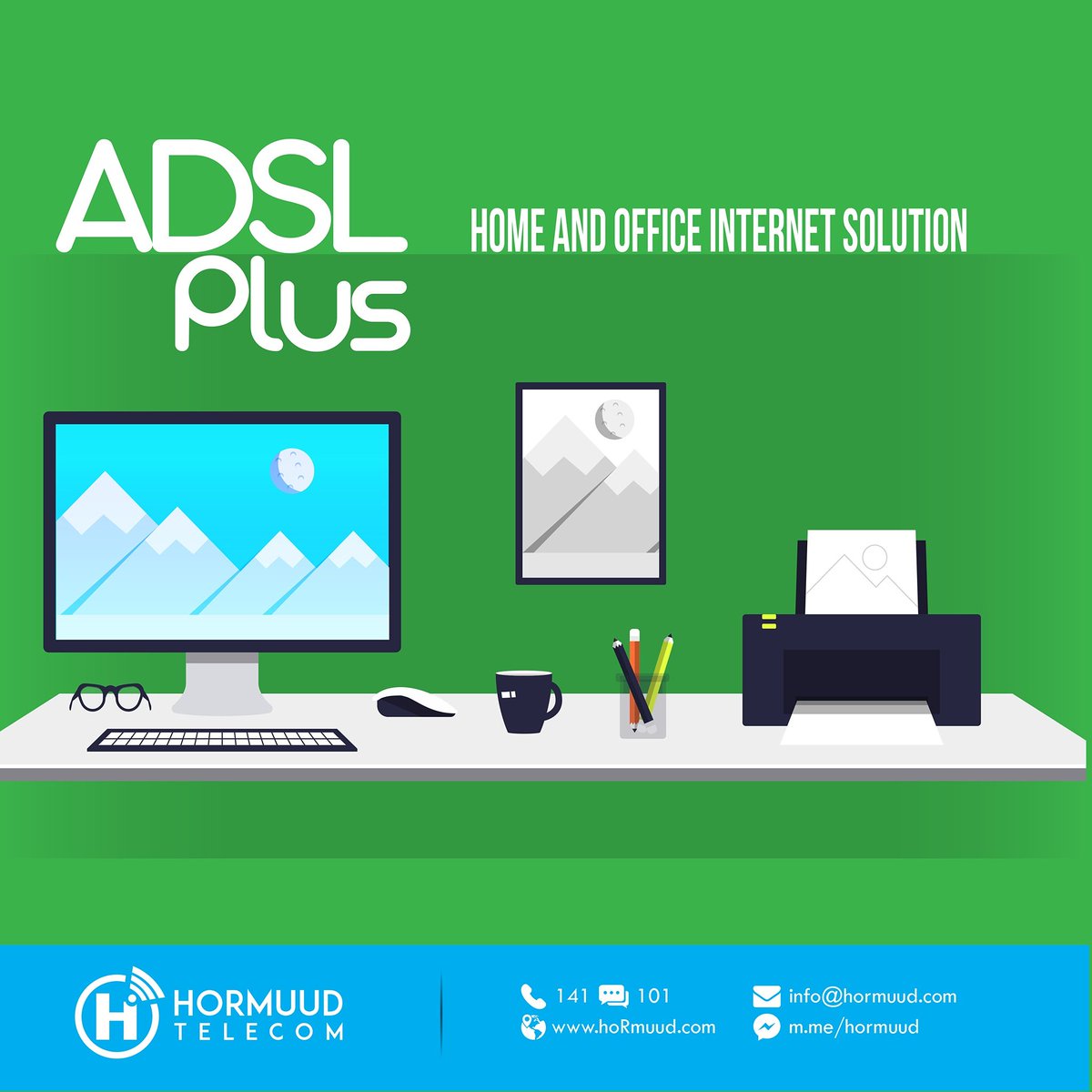Hormuud's tweet photo. ADSL Plus - Waxa uu kuu saamaxayaa inaad ku isticmasho Internet iyo Taleefan wadajira Xafiiskaaga ama Gurigaaga.
Qiimaha ADSL Plus
1Mbps = $30/Bishii + 200 Free Minutes
2Mbps = $60/Bishii + 400 Free Minutes
5Mbps = $90/Bishii + 700 Free Minutes
#ADSL_Plus
#QiimoDhimis
#Raqiis https://t.co/0j0QwFjk73