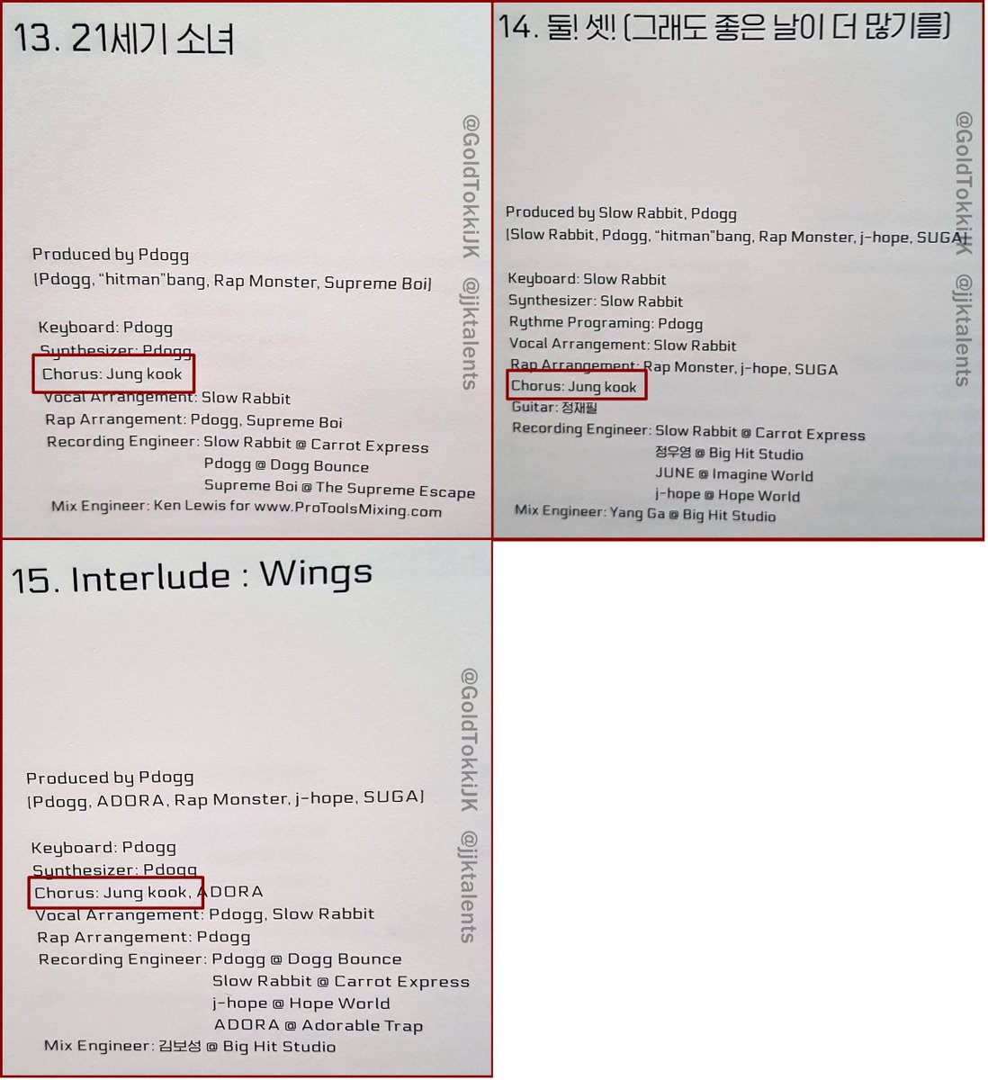 2/2Jungkook's creditsWINGS (BTS 2nd full album)Chorus:BeginBlood, Sweat, & TearsLostAm I Wrong21st Century Girls2!3!Interlude: Wings #Jungkook  #정국
