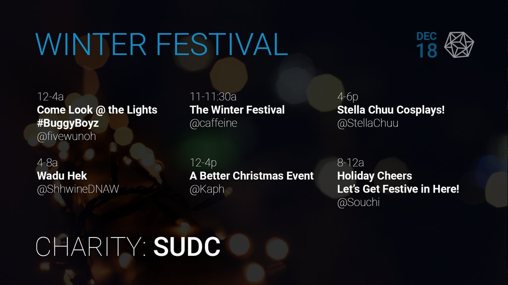 caffeine's tweet photo. Day ONE of our Winter Festival begins! 
Come celebrate the holidays at https://t.co/xqYHycaKK1
@stellachuu @fivewunoh510 @kaph_caffeine @ShhwineDNAW #live #happyholidays #sudc #charitydrive #caffeinecommunity https://t.co/hoIdXChPFs