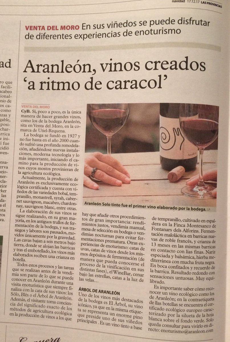 aranleonbodega's tweet photo. "Vinos creados a ritmo de caracol", así nos definen en el especial de Navidad de @lasprovincias @DOUtielRequena @CASVIEXCLUSIVAS @BodegasLeopoldo #solotinto https://t.co/7htffocVtz