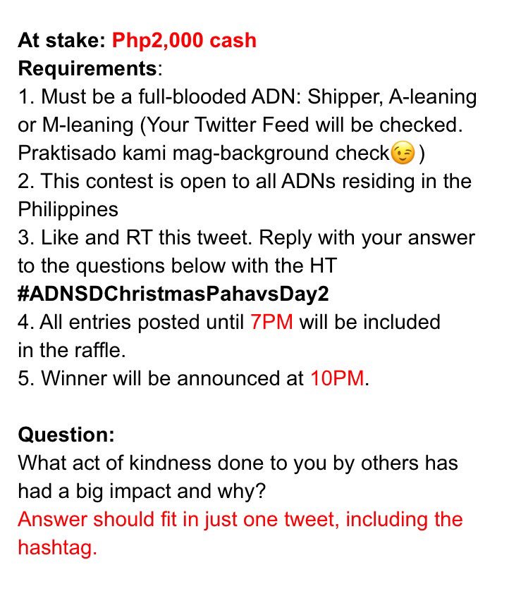 For our last pahavs for today, we are giving away Php2,000 to a lucky ADN citizen.
Here are the mechanics on how to qualify. You have until 7pm to send your answers.
#ADNSDChristmasPahavsDay2 
#ALDUBChristmasWish