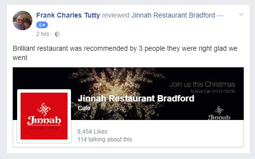 ⭐⭐⭐⭐⭐ "Brilliant restaurant was recommended by 3 people they were right glad we went"