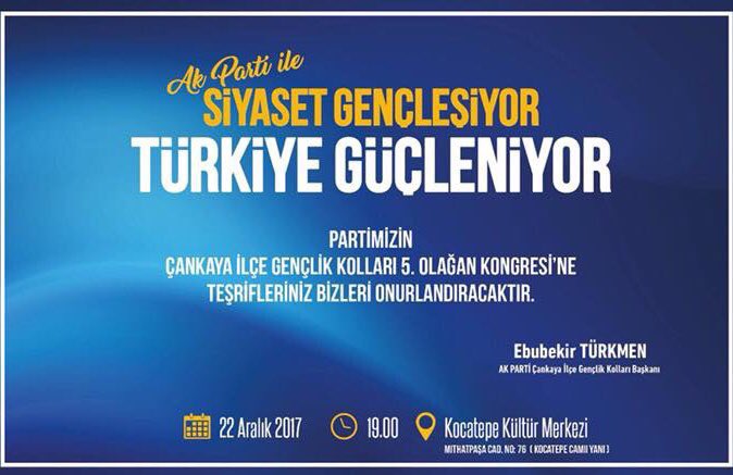 Kongremize Son 4 gün!
Bütün dostlarımızı Cuma günü saat 19’da Kocatepe Kültür Merkezine bekliyoruz. #akçankaya <a href="/kurtcancelebi/">Kurtcan Çelebi</a>