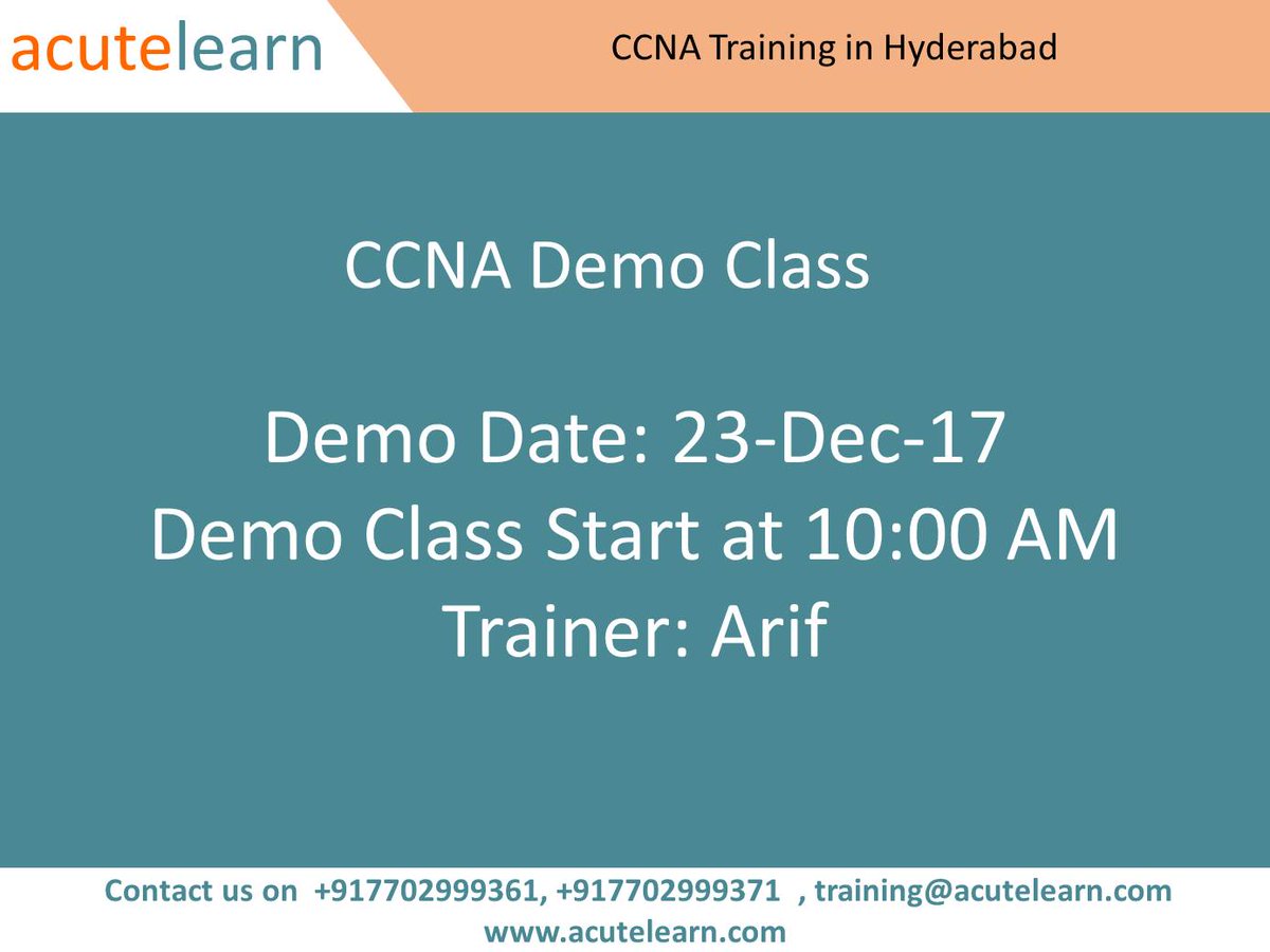 acutelearntech's tweet image. Acutelearn Technologies is one of Best CCNA Training Institute in Hyderabad, We are providing Excellent training on CCNA with Real-Time Trainers.
CCNA course content link: acutelearn.com/Courses/Cisco-…