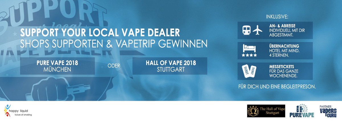 happyliquid's tweet photo. Nur noch 2 Tage! Gewinnt einen Vapetrip zur PURE VAPE oder HALL OF VAPE 2018! Inklusive An- &amp; Abreise, Übernachtung und Messetickets für 2 Personen: https://t.co/n3R9H65uJ8 #ezigarette #dampfen #Purevape #hallofvape #hov #dampfermesse https://t.co/sX1NTwuLTJ