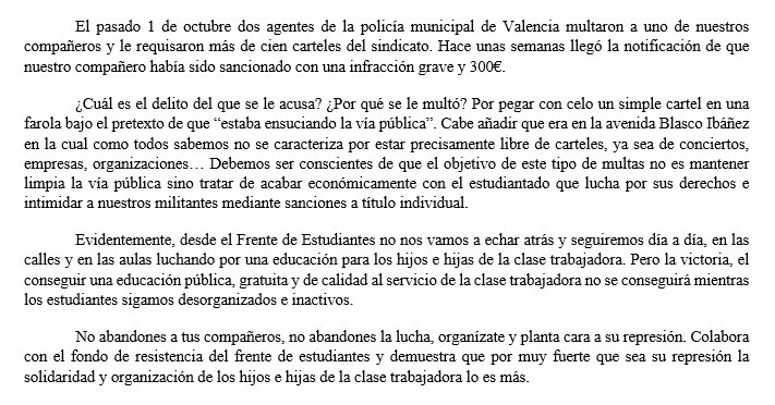 fde_valencia's tweet photo. Comunicat del Front d'Estudiants de València davant la sanció imposada per la policia a un dels nostres militants. https://t.co/WKxynEtsoR