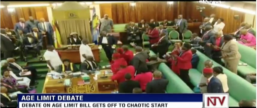 ntvuganda's tweet photo. It was a chaotic start  to a parliamentary session  this morning as opposition MPs broke into song as they attempted to block the laying on table of reports by  Parliament’s legal committee on the  age limit bill. #NTVNews https://t.co/A6wBfcYxaP