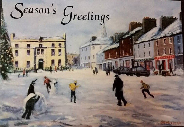 Snow on Ballaghaderreen Square - an old Christmas card by Seamus Coleman.