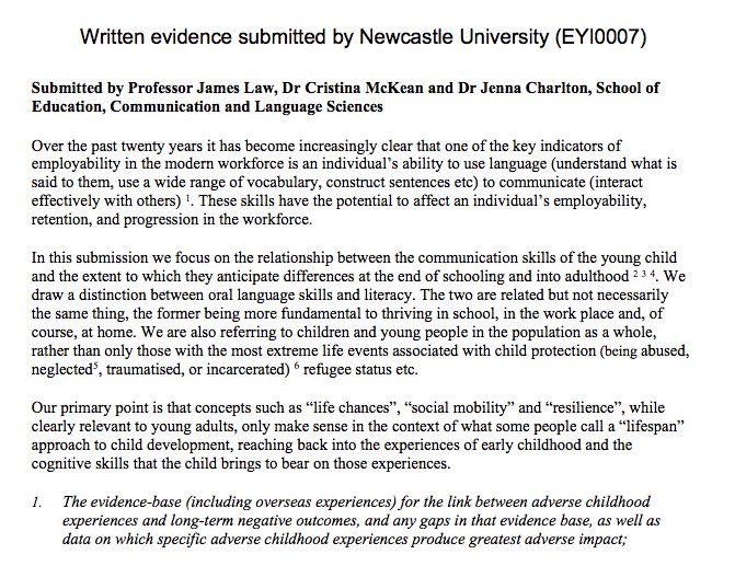 RCSLTpolicy's tweet photo. Interested in links between adverse childhood experiences &amp; #communication? See Professor James Law, @cristina_mckean &amp;  Dr Jenna Charlton from @UniofNewcastle @secls evidence to @CommonsSTC inquiry into evidence-based #earlyyears intervention. https://t.co/86dqFmbmu2 https://t.co/MCAMy8TUws