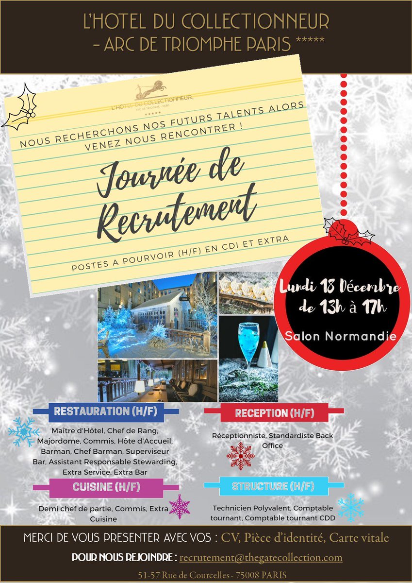 Ne manquez pas la Journée de recrutement de l'Hôtel du Collectionneur au salon Normandie, ce lundi de 13h à 17h. 
De nombreux postes sont à pourvoir !