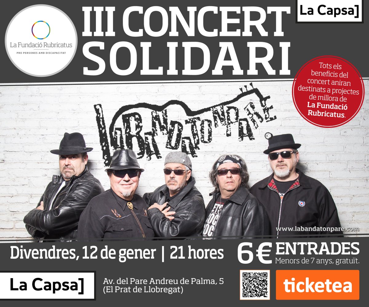 cocarmi's tweet photo. El 12 de gener, III Concert Solidari de @FRubricatus amb els pratencs #Labandatonpare! A @Lacapsa!! Entrades a @ticketea o a la recepció de Rubricatus (de dill a div de 9 a 17h). Tots els beneficis aniran destinats a projectes de millora de l'entitat. https://t.co/cz4dNxcP8W