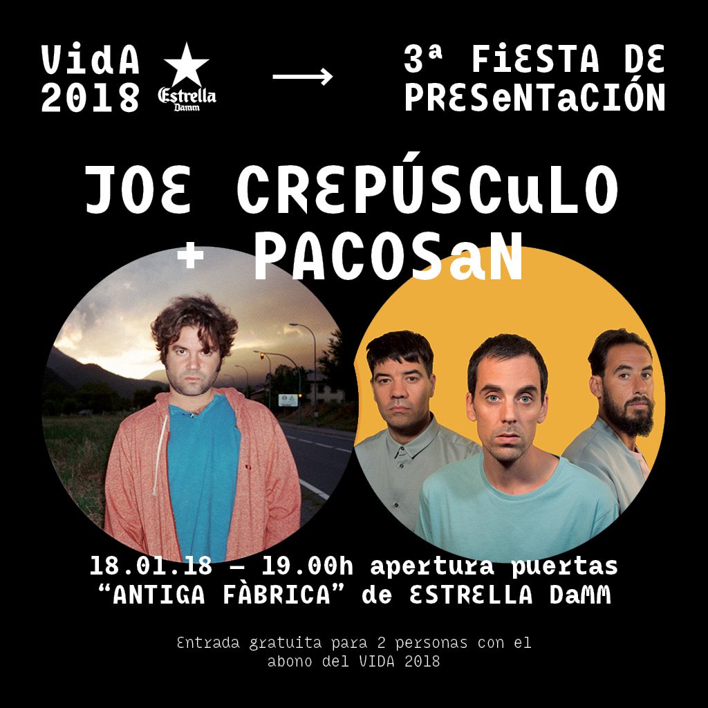 vidafestival's tweet photo. 3a festa de presentació del VIDA 2018!
¡3ª fiesta de presentación del VIDA 2018!
VIDA 2018 3rd launch party!

JOE CREPÚSCULO + PACOSAN 

#VidaFestival2018 https://t.co/VHf6QSVX2p