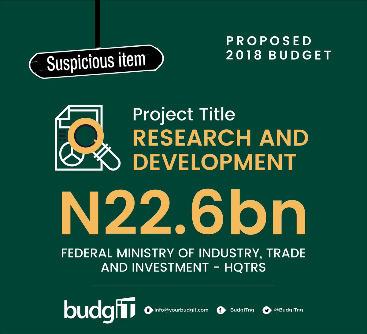 BudgITng's tweet photo. We have combed the proposed #Budget2018 and we have found SUSPICIOUS  &amp; FRIVOLOUS  items and this is our THREAD. Document will be sent to @nassnigeria. Kindly share. https://t.co/9ZYJZ36HbK