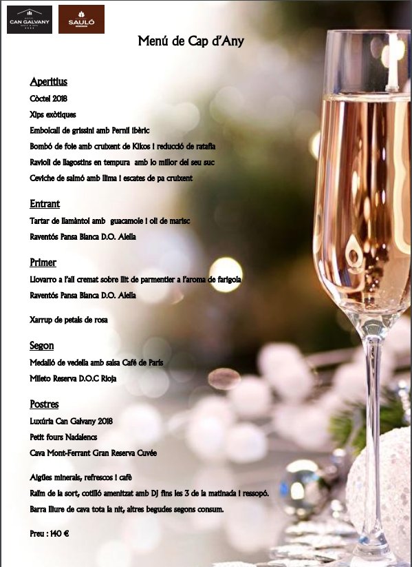 🎄 En <a href="/restaurantsaulo/">Restaurant Sauló</a>  te proponemos los mejores menús para celebrar la Navidad y la última noche del año.
Reservas 📲 935 72 95 91
#hotel #CanGalvany #restaurante #Sauló #Vallromanes #Nadal