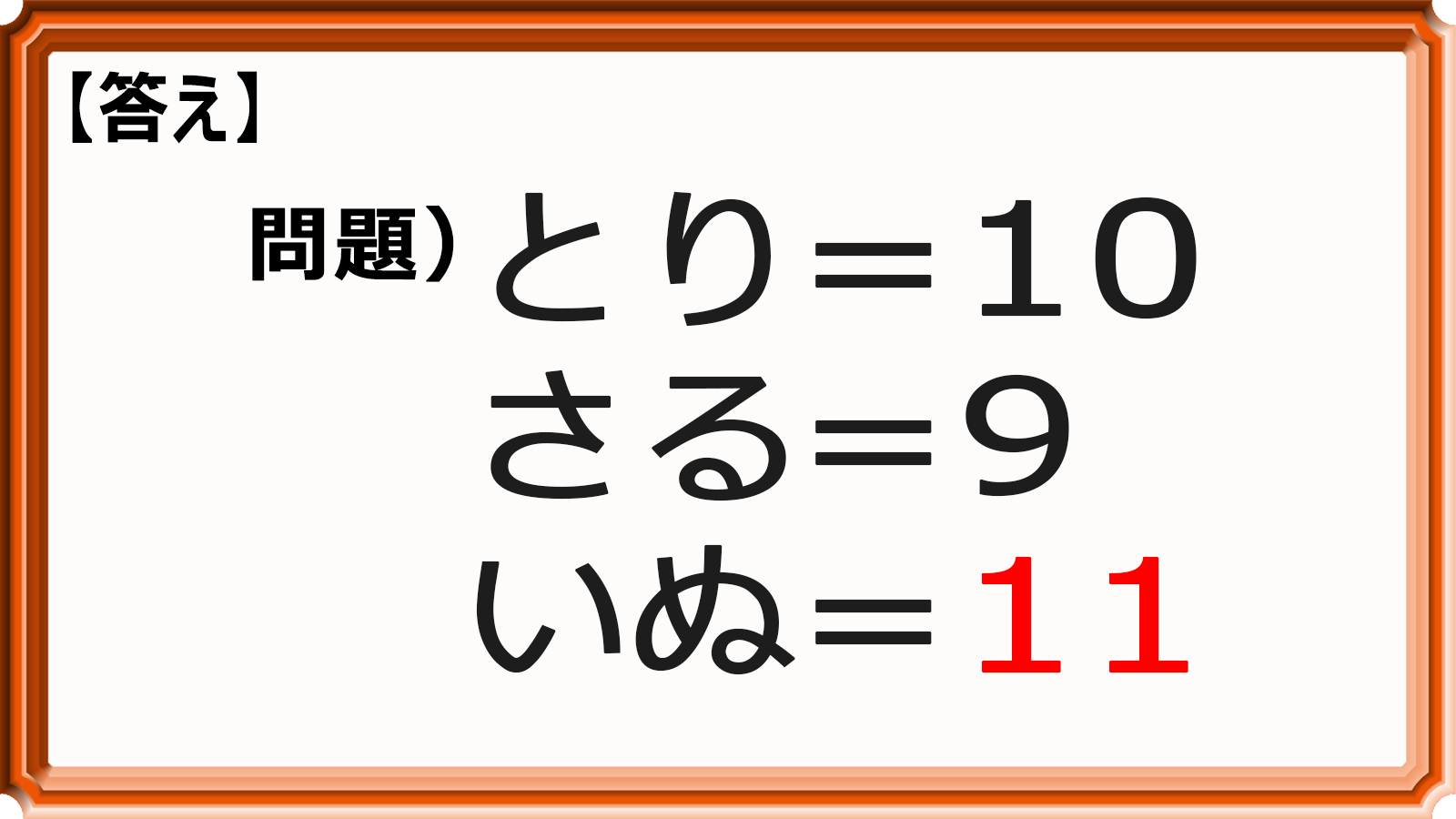 Au 正解は 11 でした それぞれの数字は 十二支 の順番を表しています ね うし とら う たつ み うま ひつじ さる とり いぬ ゐ その中で さる は9番目 とり は10番目 いぬ は11番目になるので 正解は 11 でした みなさん合っ