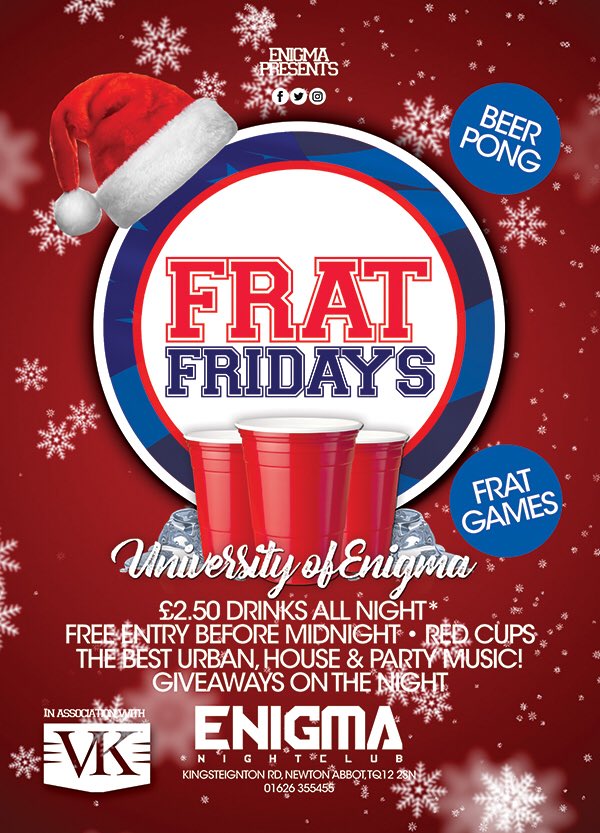 Enigma_NAbbot's tweet photo. *** WHAT'S ON THIS WEEK ***
#ProjectWednesday | Beat the Clock! 🕑🕑🕑
Frat Fridays | £2.50 Drinks! 🏓🍻
Saturday Party | 2 DJs, 2 Dance floors! 🎄❤️
#GetKeen https://t.co/amV1KSADUa