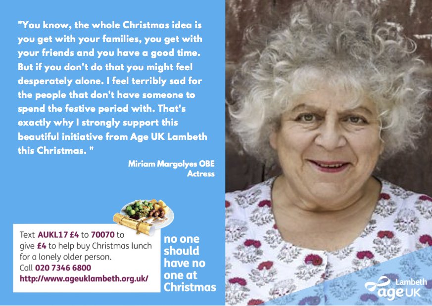 This year we are planning to provide a hearty Christmas lunch for older people who would otherwise be on their own.

Let's fight loneliness in #Lambeth together. 

No one should have no one. 

See how you can help us: ageuk.org.uk/lambeth/about-…

#MondayMotivation
#Charity
#donate