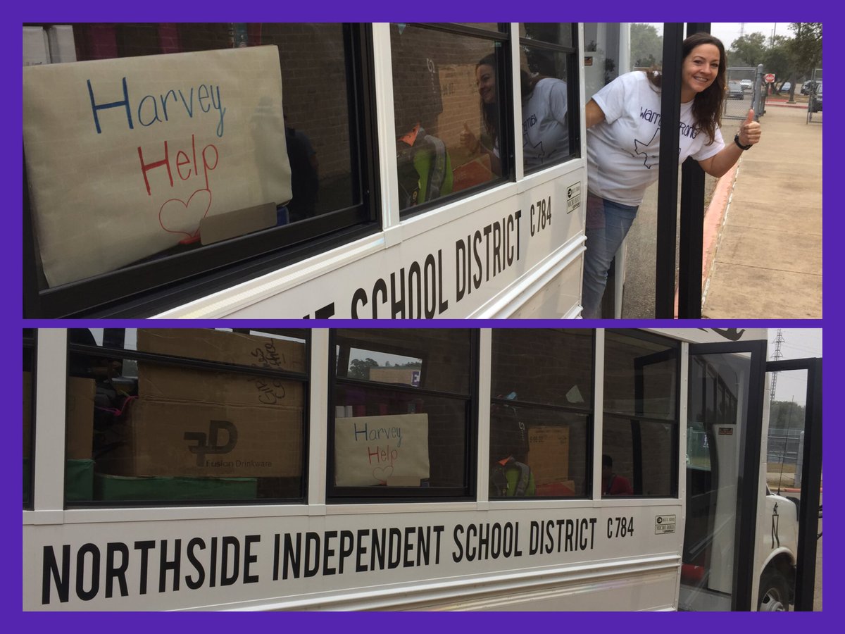 NISDWarren's tweet photo. The wheels on the bus go round & round to Port Arthur ISD. All aboard for #HarveyHelp🚌 WarrenHS helping our fellow Texans. #AllMeansAll #HopeAndValues #GoPublic @pastors4txkids @NISD @NISD_Athletics https://t.co/n2XuLp2xhk