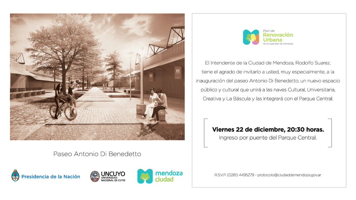 El próximo viernes 22 a las 20:30 hs; los invito, muy especialmente, a inaugurar juntos el nuevo Paseo Antonio Di Benedetto. 🚧 🚧#PrimeraInauguración #PlanRenovaciónUrbana  <a href="/ciudaddemendoza/">Ciudad de Mendoza</a> <a href="/MinInteriorAR/">MIN Interior</a>  <a href="/CasaRosada/">Casa Rosada</a> <a href="/UNCuyo/">UNCUYO</a>