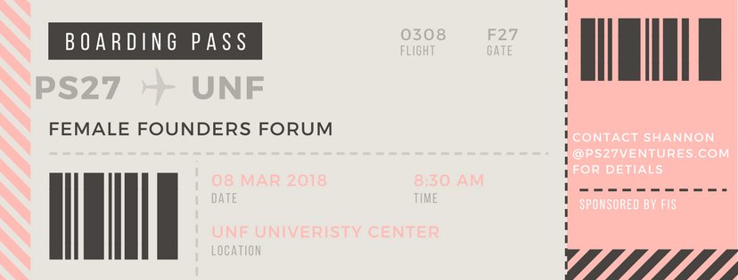 PS27Ventures's tweet photo. Now boarding! Do you know a #FemaleFounder who is looking to grow their business? Apply to join the PS27 Female Founders Forum, March 8th, 2018: https://t.co/XKOVykFksK #PS27FFF #UNFSBDC #PWCJAX #InternationalWomensDay2018 #PS27Ventures https://t.co/eCaxFu38UF