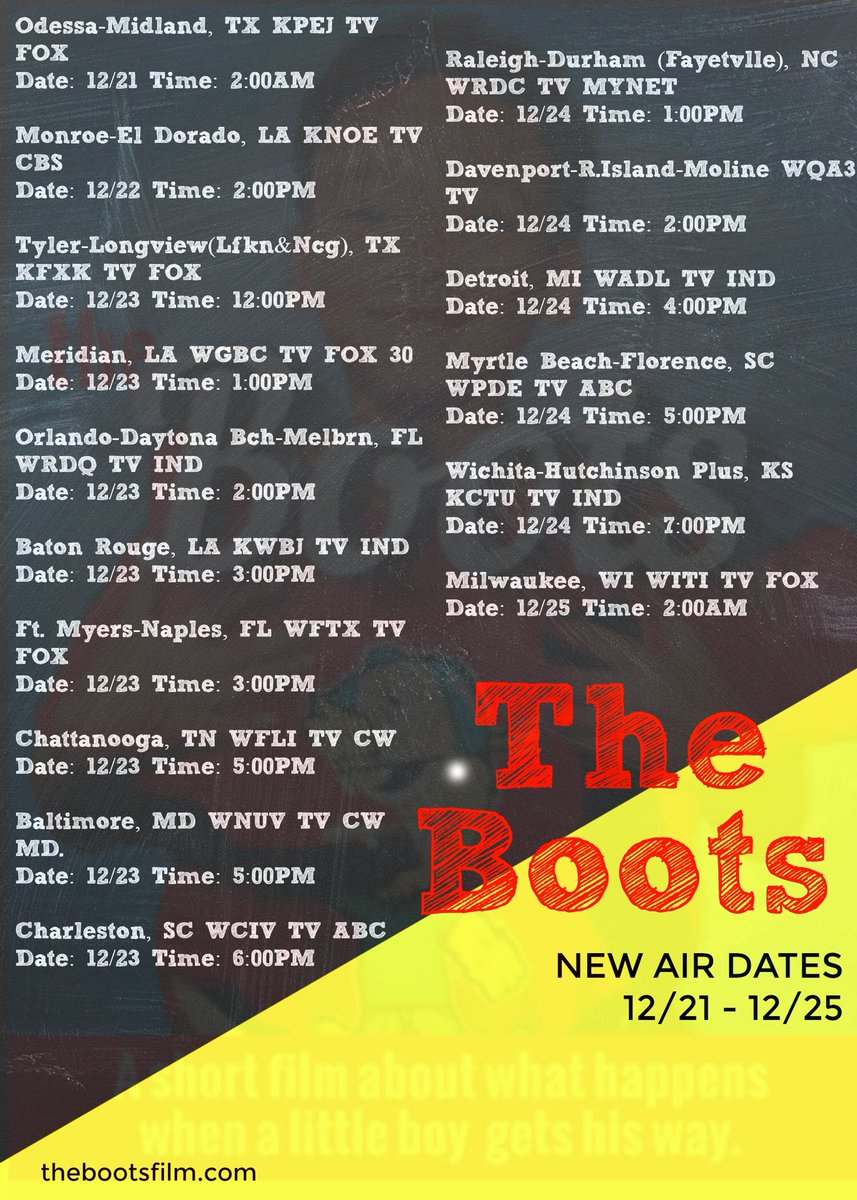 TheBootsFilm's tweet photo. Check out the new air dates for @TheBootsFilm 12/21-12/25 during the @AAShortFilms block!  
 
#Texas #Louisiana #Florida #Tennessee #Maryland #SouthCarolina #NorthCarolina #Illinois #Michigan #Kansas #Wisconsin 

https://t.co/BFwgyd5xJv
@HewesPictures 

#shortfilm #comedy #family https://t.co/XBp3WrBXvf