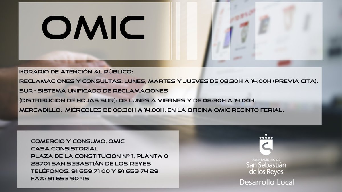 sansempleo_des's tweet photo. Os informamos que las consultas de consumo, que se hacían sin reserva de cita, ahora se realizarán previa cita que se concertará con antelación a través del teléfono de la OMIC 916537429. @sansecomunica https://t.co/ZkPX2liTg6