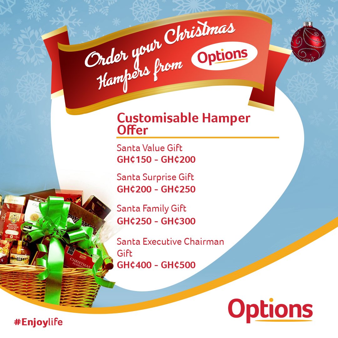 optionsmartgh's tweet photo. Gift that special person with your customizable hamper from us today! Call 0501571616 for any enquiries. #christmasgifts #christmasiscoming #stopandshop #familymoment

#OptionsMart, enjoy life! https://t.co/o1dIaJCe8r
