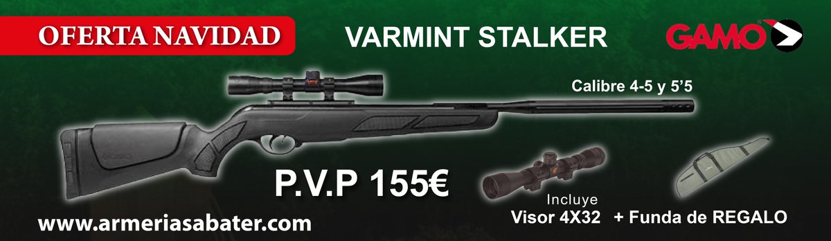OFERTA NAVIDAD!! Carabina Gamo Varmint Stalker. Incluye visor 4x32 y funda de regalo. Disponible en los calibres 4'5 y 5'5. 
 ☎️ Llamadas 964 32 00 28
 📱 Whatsapp +34 678 40 45 98
 📧 Correo info@armeriasabater.com
 armeriasabater.com…/1557-carabina-gamo-varmint…