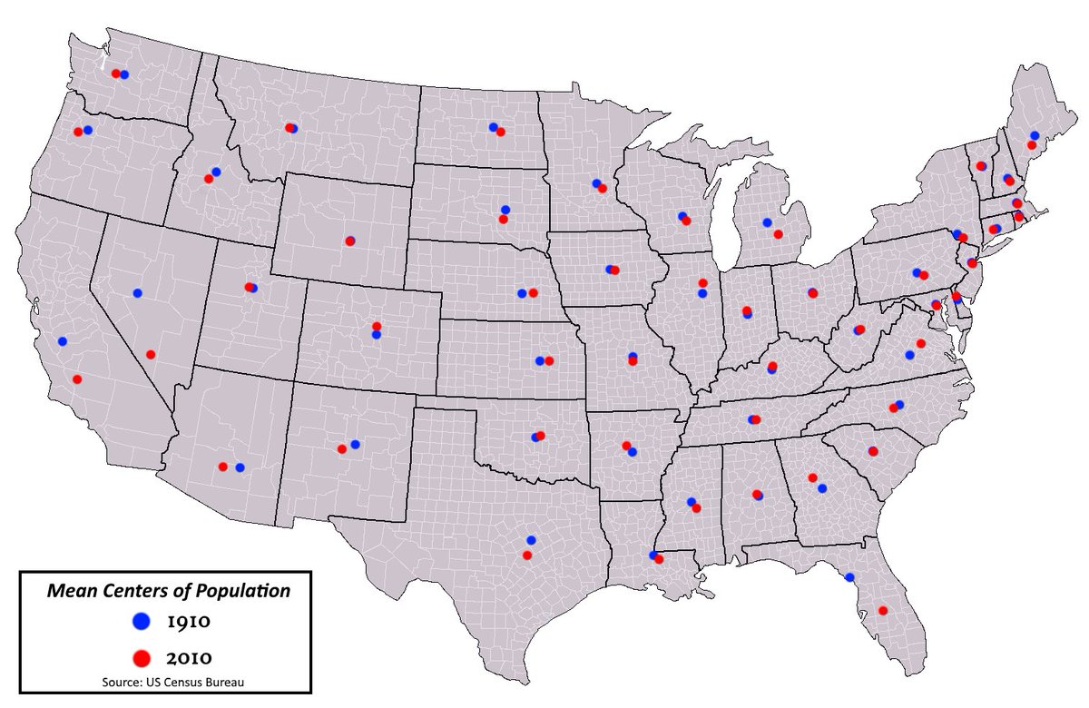 地図フリーク 米各州の人口の重心 1910年 青 10年 赤 T Co 0m3ibnnv8q 大きく移動したのは次の3州だけで 南部の都市の人口増による カリフォルニア州 ロサンゼルス ネバダ州 ラスベガス フロリダ州 マイアミ オーランド 日本の都