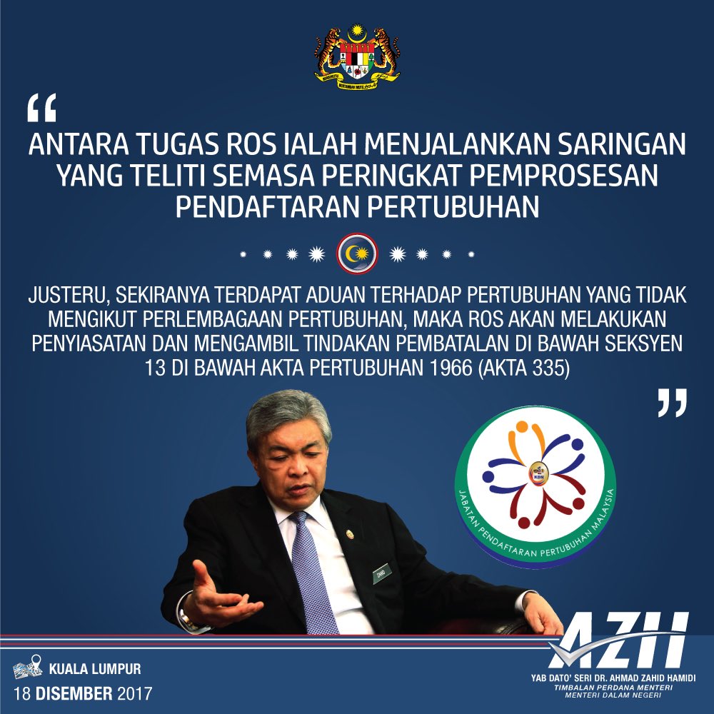 Tugas <a href="/ROSMalaysia/">ROS Malaysia</a> menjalankan saringan yang teliti semasa peringkat pemprosesan pendaftaran pertubuhan. <a href="/KDNPUTRAJAYA/">KDN🇲🇾</a>
