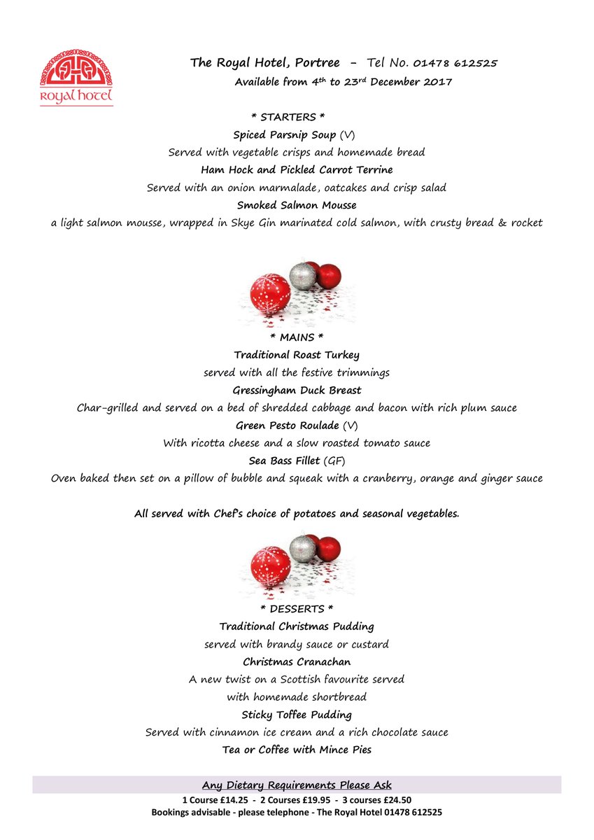 Christmas dinner at the Royal Hotel in Portree. Book now and enjoy festive food and drink. Bookings can be made by telephoning 01478 612525 or emailing reservations@royalhotel.scot #christmas #dinner #festive