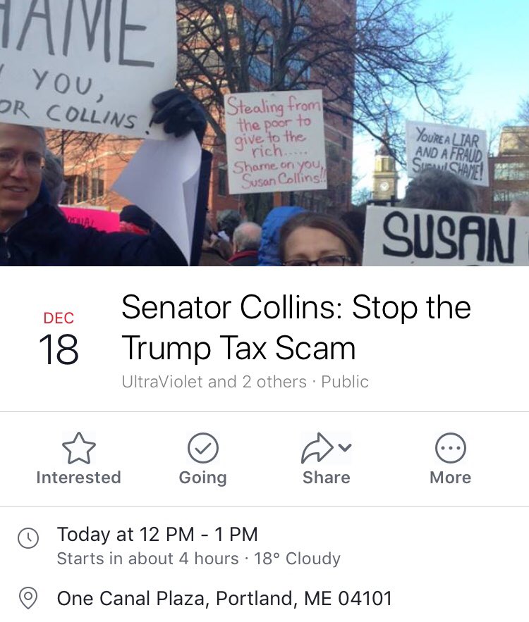 thxbutillwalk's tweet photo. Stop the Trump #TaxScam today at noon in @PortlandMaine. #susancollins #mepolitics #MiddleClassDoom https://t.co/bHjVZtE2x2