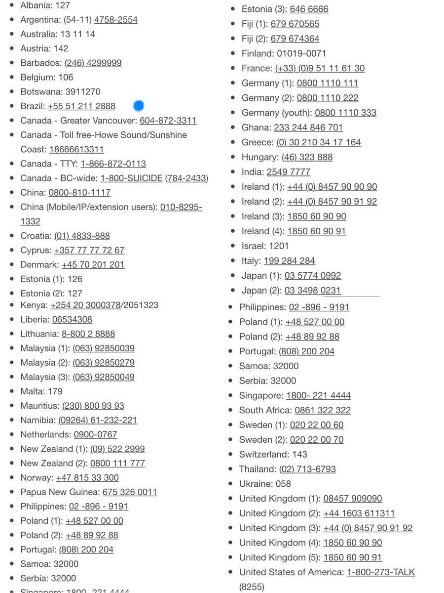 números de prevenção ao suicídio ao redor do mundo

se pelo menos 3 pessoas copiarem e colarem ou derem rt já ajuda, é importante